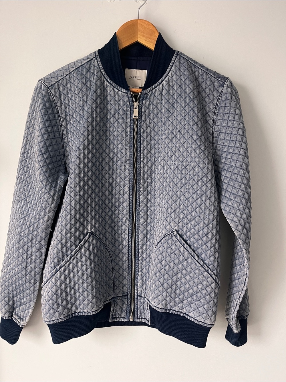 GUESS Light Blue-Grey Bomber Jacket | Size XS | Y2K Style | Diamond Quilt